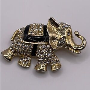 Vintage Gold and Black Elephant rhinestone & enamel pave  Brooch pin